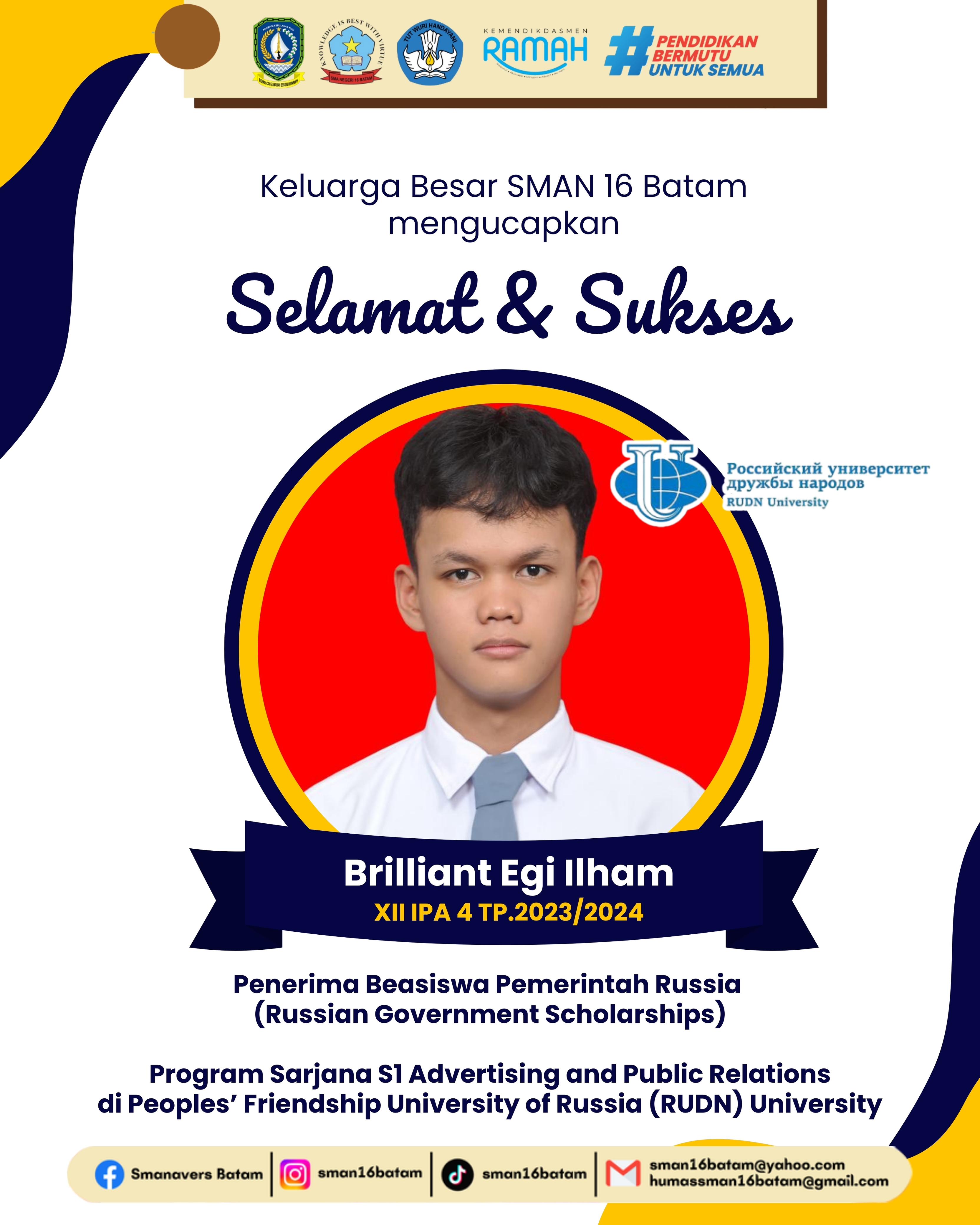 Siswa SMAN 16 Batam Briliant Egi Ilham meraih beasiswa ke Rusia