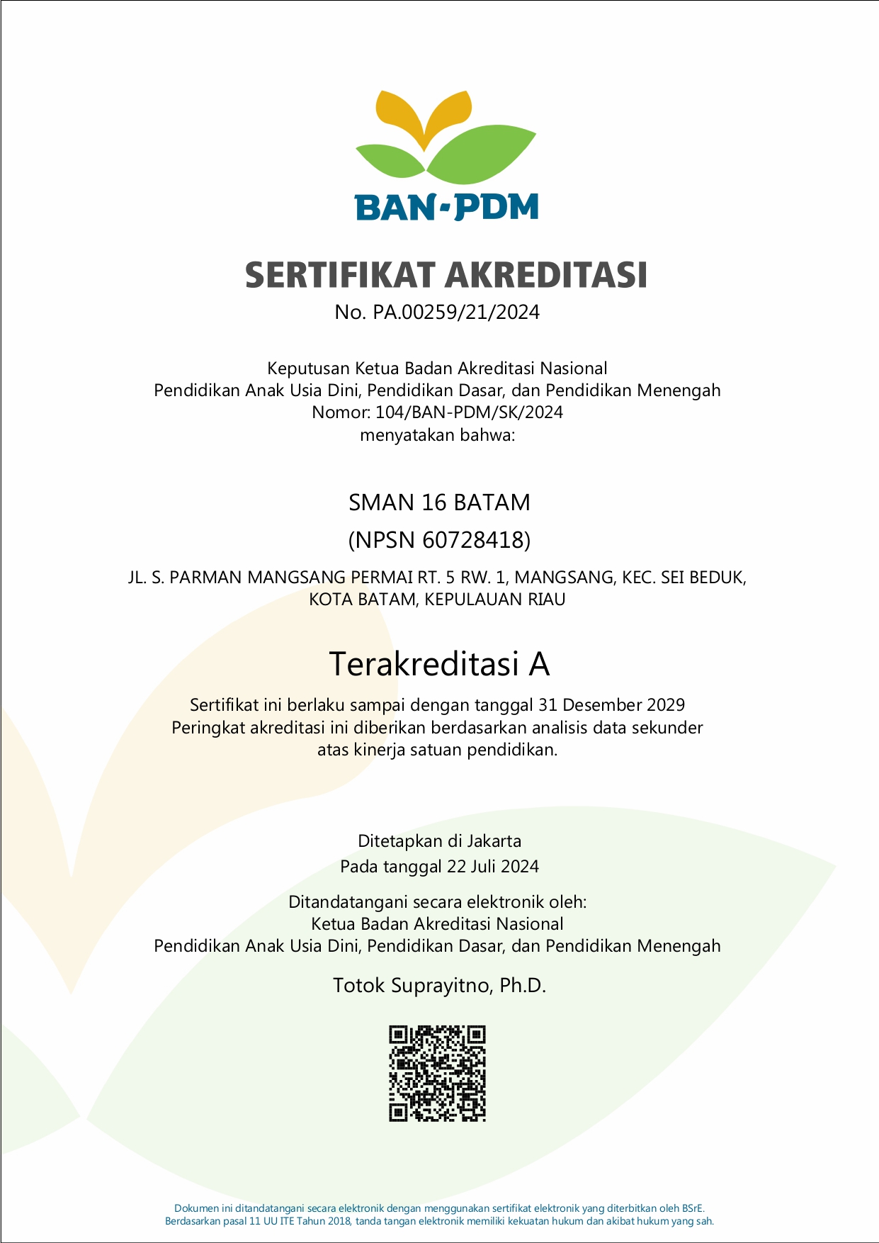 SMAN 16 Batam Raih Akreditasi A